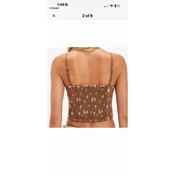 Free People Tank Top Blouse Brown Flowers Size Medium Croptop Elastic - Picture 2 of 10